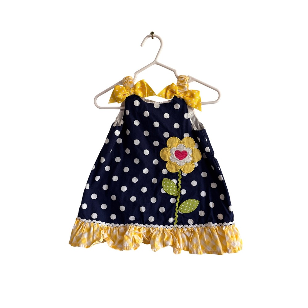 Little Me Girls 2T Navy Polka Dot Yellow Gingham Flower Applique Ruffle Dress